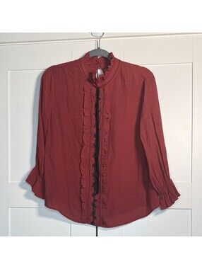 MINE Women's Rust Red Ruffle High Neck Embroidered Blouse Size M